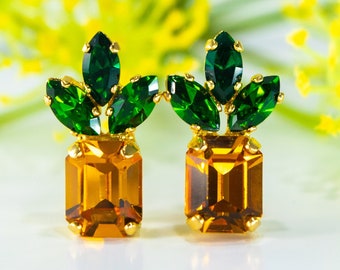 Pineapple Earrings, Emerald Cut Topaz Crystal, Gold or Rosegold Studs
