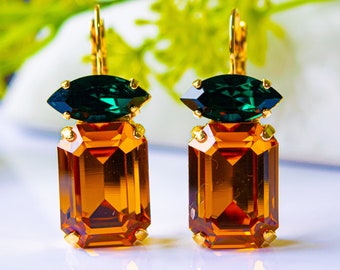 Emerald Cut Topaz Crystal Earrings, Gold Bridal Earrings