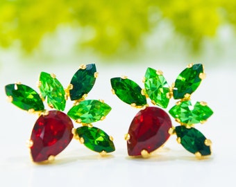 Red and Green Crystal Earrings, Bridal Cluster Earrings