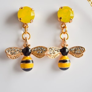 Gold Bee Earrings, Bee Earrings, Yellow Crystal, Drop Earrings, Stud Earrings, Yellow Bee Earrings, Queen Bee Earrings, Bumble Bee Earrings
