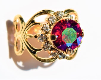 Gold Filigree Ring, Adjustable Rhinestone Halo, Birthstone Solitaire