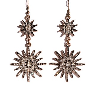Star Earrings, Sun Earrings, Starburst Dangling Earrings, Antique Bronze Gold Starburst Earrings, Starburst Earrings, Rhinestone Earring