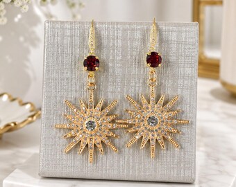 Starburst Crystal Drop Earrings, Gold Sunburst Bridal Jewelry