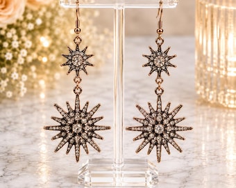 Antique Bronze Starburst Rhinestone Dangle Earrings, Celestial Sunburst Jewelry