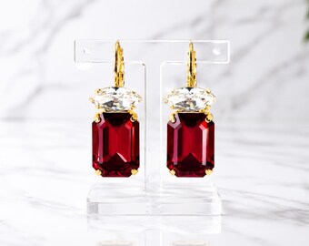 Ruby Crystal Drop Earrings, Octagon Bridal Earrings