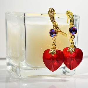 Heart Earrings, Crystal Heart Earring, Dangling Earring, Valentines Earrings, Red Heart Earrings, Heart Dangling Earring