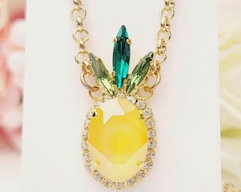 Yellow Crystal Pineapple Necklace, Tropical Jewelry