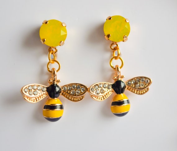 Dainty Earrings Swarovski Crystal Drop Earrings Swarovski Stud Earrings Yellow Bee Earrings Queen Bee Earrings Spring Earrings Etsy Canada