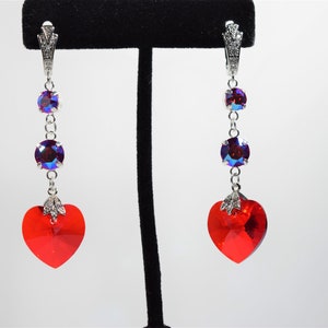 Heart Earrings, Crystal Heart Earring, Dangling Earring, Valentines Earrings, Heart Dangling Earrings, Red Heart Earring