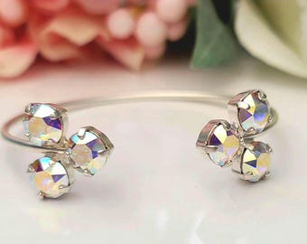 Aurora Borealis Crystal Bridal Bangle, Adjustable Cuff
