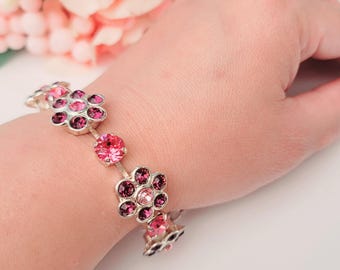 Crystal Flower Wedding Bracelet, Bridal Tennis Bracelet, Blush Pink