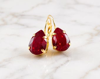 Ruby Crystal Pear Drop Earrings, Gold Lever Back, Nickel Free