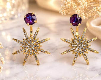 Starburst Crystal Jacket Earrings, Celestial Sunburst Jewelry, Sparkling Aurora
