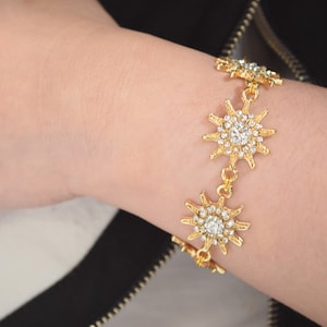 Gold Starburst Bracelet, Sun Bracelet, Rhinestone Bracelet, Star Bracelet, Moon Bracelet, Bridesmaid Bracelet