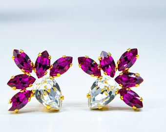 Fuchsia Crystal Pear Stud Earrings, Bridal Jewelry