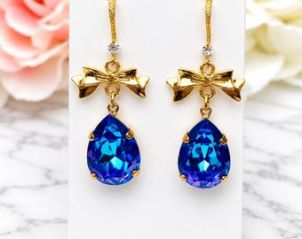 Gold Bow Drop Earrings, Pear Crystal, Aurora Borealis, Sapphire Bridal Jewelry