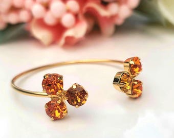 Gold Bridal Crystal Bangle, Adjustable Open Cuff