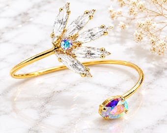 Gold Leaf Bangle Bracelet, Adjustable Crystal Arm Cuff, Bridal Wedding Jewelry
