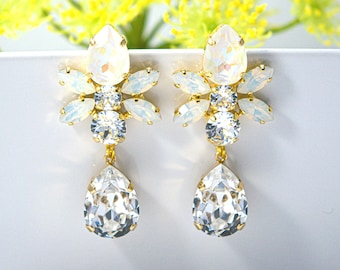 Gold Chandelier Bridal Earrings, Crystal Pear Drop