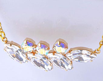 Crystal Cluster Bridal Necklace, Brass Pendant, Stainless Steel Chain