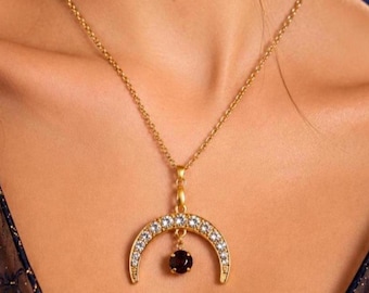 Gold Moon Necklace, Rhinestone Celestial Pendant, Crystal Birthstone