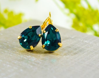 Emerald Crystal Pear Earrings, Gold Zinc Alloy, Bridal Jewelry