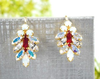 Crystal Bridal Earrings, Gold Brass, Navette Cluster Earrings