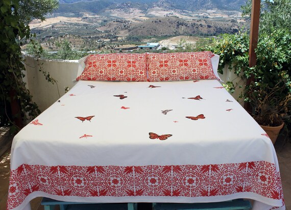 Print Duvet Cover Hand Print Tile Orange Tile Cotton Duvet Etsy
