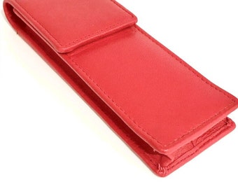 Étui/étui pour stylos en cuir rouge à double rabat magnétique. Fait main en cuir véritable