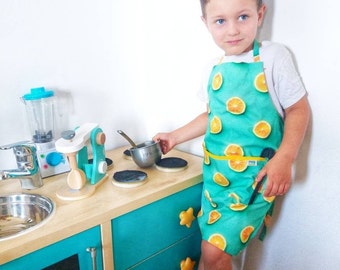 Kids apron with pocket, Children's cooking pinny with orange print, kitchen garment for toddlers