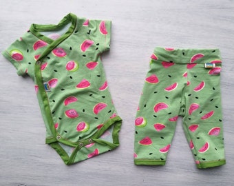 Short sleeve summer bodysuit with long pants for baby girl, Romper size 0-3m with watermelon print, Baby shower gift
