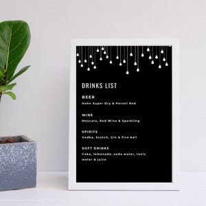 Minimalist Black and White Modern Hanging Lights Drinks List Bar Menu Digital Sign Template With Instant Download