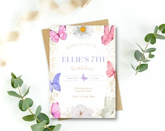 Schmetterling Blumen-Geburtstags-Party Einladung, Pastell Glitter Thema (Digitale Vorlage)