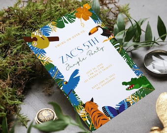 Jungle Birthday Invitation Template, Rainforest Birthday Invite, Blue Tropical Party Invitation, Editable Canva Download