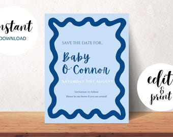 Retro Baby Shower Invitation Template | Editable Canva Invite | Blue Wavy Border Baby Shower Invitation | Modern Minimalist Baby Shower | In