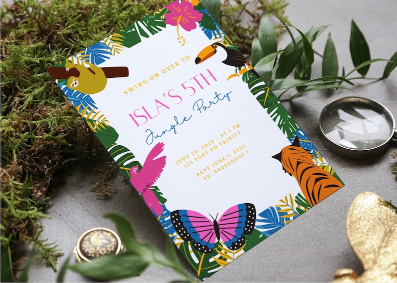 May include: A jungle-themed party invitation featuring a pink, blue, and yellow butterfly, a toucan, a sloth, a pink parrot, and a tiger. The invitation reads "Swing on over to Isla's 5th Jungle Party" with the date, time, and location.