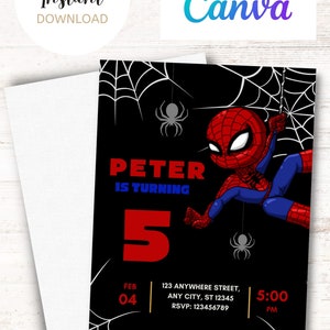 Cartoon Spiderman Black Theme Kids Birthday Party Invitation Digital Template With Instant Download