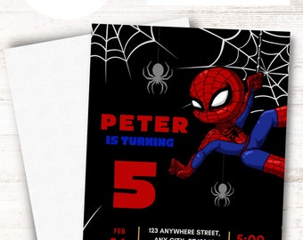Plantilla digital para invitación de fiesta de cumpleaños infantil con temática de Spiderman negro y dibujos animados (descarga instantánea).