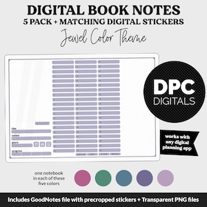 May include: Digital book notes template with a purple, teal, blue, lavender, and pink color scheme. The template includes a title, author, genre, and progress section. The template is designed to work with any digital planning app. The image also includes the text "DPC DIGITALS".