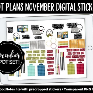 Può includere: Sticker digitali per novembre, con una varietà di illustrazioni e testi carini, tra cui "Oggi scelgo la gioia", "Qualcuno ha detto Sal?", "Posso avere un evviva?", "Sensazioni autunnali", "C'è un interruttore di spegnimento per oggi?", "Sto solo lavorando alla mia vita migliore", "Possiamo farlo totalmente", e "Set di punti di novembre!" Gli sticker sono progettati per essere utilizzati in pianificatori e quaderni digitali.