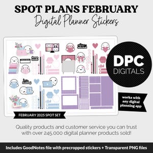 Può includere: Adesivi digitali per planner di febbraio 2025, con simpatiche illustrazioni in rosa, viola e blu. Include adesivi con testo come "focus mode" e "brain loading". Il set è progettato per funzionare con qualsiasi app di pianificazione digitale.