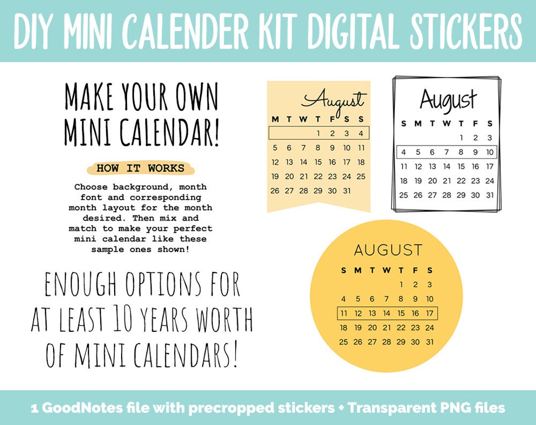 DIY Mini Calendar Digital Stickers Kit Goodnotes, iPad and Android