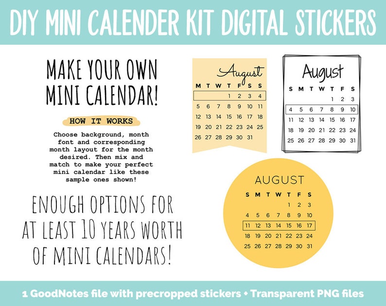 DIY Mini Calendar Digital Stickers Kit | GoodNotes, iPad and Android | Bullet Journal, Digital Planner, Memory Keeping 