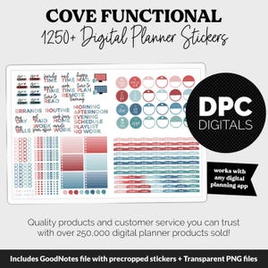 May include: A digital sticker sheet labeled COVE FUNCTIONAL 1250+ Digital Planner Stickers featuring various text labels, circular icons, checklists, and day-of-the-week strips in shades of red, blue, and teal for use with digital planning applications.