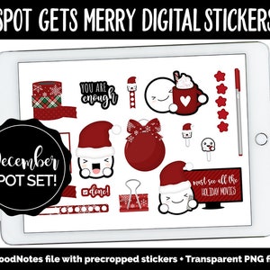 Könnte beinhalten: Ein Set digitaler Sticker mit verschiedenen weihnachtlichen Illustrationen, darunter ein Schneemann, ein roter Weihnachtsbaumschmuck, eine Tasse heiße Schokolade und ein Weihnachtsbaum. Die Sticker sind in einem niedlichen und verspielten Stil gestaltet, mit weißem Hintergrund und roten, grünen und weißen Farben. Der Text "December SPOT SET!" ist in einem schwarzen Kreis unten links im Bild dargestellt.