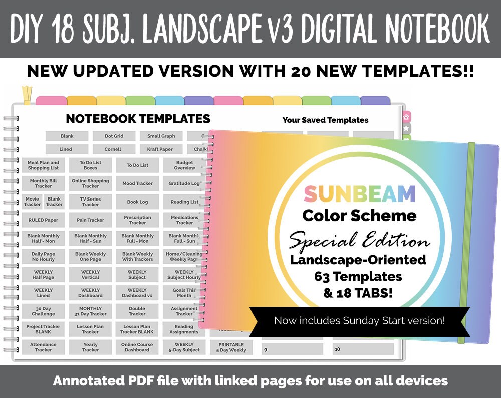 NEW 18 Subject Digital Notebook Landscape v3  | Sunbeam Theme | Goodn…