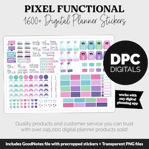 May include: Digital planner stickers in various colors, including pink, purple, and green. The image features a tablet displaying a collection of digital stickers with text such as "time," "work," and "errands." The text "PIXEL FUNCTIONAL" and "1600+ Digital Planner Stickers" are also visible.