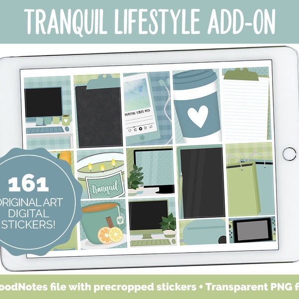 Tranquil Lifestyle Add-On Digital Stickers | GoodNotes & iPad | TV, Playlist, Travel, Reading, Work, Groceries