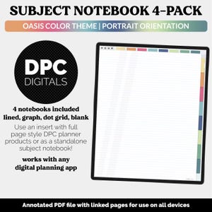 May include: A digital notebook 4-pack with an Oasis color theme and portrait orientation. The notebook includes lined, graph, dot grid, and blank pages. The image also includes the text "DPC DIGITALS" and "works with any digital planning app."