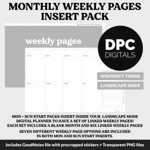 May include: A digital planner insert pack with a weekly page layout in landscape mode. The pack includes a blank month page and six linked weekly pages. The theme is whiteout and the text says "DPC DIGITALS".